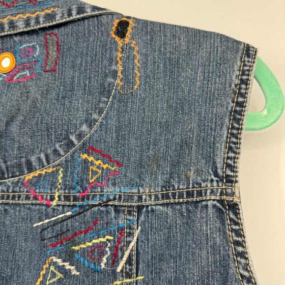 Chicos Womens Denim Vest Art to wear Button Front Boho 2 Large Blue Embroidered - Picture 10 of 15